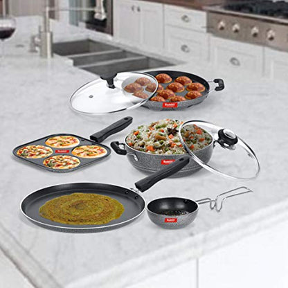 Sumeet NonStick Iswed Cookware Set (Dosa Tawa-26.5Cm Dia+Mini Multi Snack Maker-19.5cm+Kadhai with Glass Lid-22Cm Dia+Grill Appam Patra with Glass Lid-22cm Dia+Waghariya/Tadka pan-10Cm Dia)