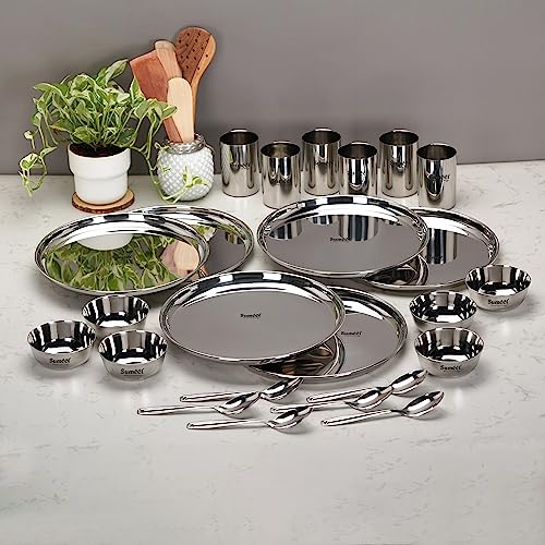 Sumeet Stainless Steel Heavy Gauge Mirror Finish Dinner Set of 24 Pcs (6 Plate, 6 Bowl/Wati, 6 Glass, 6 Spoon), Silver