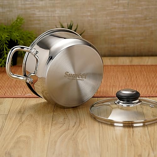 Sumeet Stainless Steel Induction Bottom (Encapsulated Bottom) Casserole with Glass Lid 1750ml, 16 cm Dia, Silver