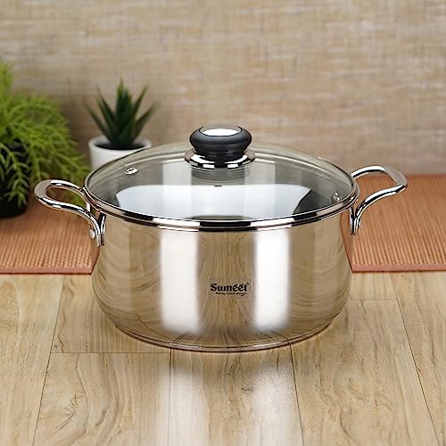 Sumeet Stainless Steel Induction Bottom (Encapsulated Bottom) Casserole with Glass Lid 6 LTR, 26 cm Dia, Silver