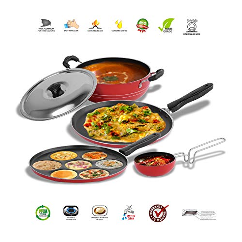 Sumeet 2.6mm Thick Non-Stick Ronga Cookware Set (Dosa Tawa – 26.5cm Dia + Multi Snack Maker – 26.5cm Dia + Kadhai with Lid – 1.5Ltr Capacity- 20cm Dia + Tadka Pan – 10cm Dia)