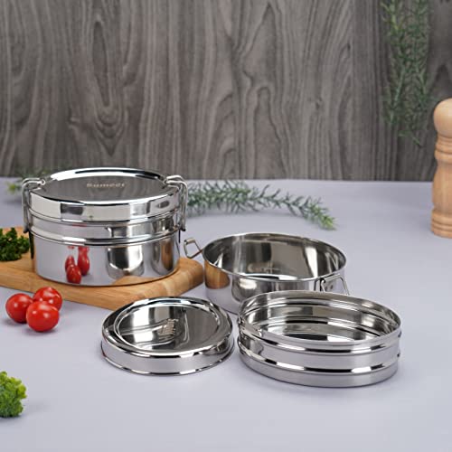 Sumeet Stainless Steel Oval Lunch Box/Tiffin with 2 Compartments and Locking Clip, Set of 2 Pcs, 850ML Each, Ideal for 2 Person - Silver