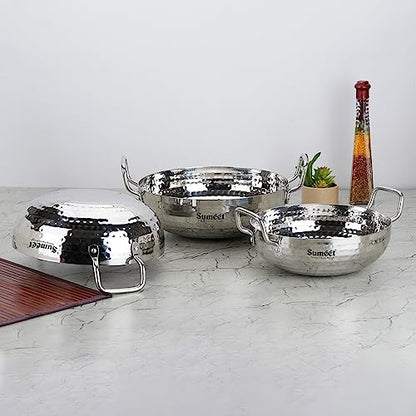 Sumeet Stainless Steel Handcrafted Hammered Mathar Kadai for Kitchen, 2250ML, 2850ML & 3550ML, 22cm, 24cm & 26cm Dia, Pack of 3, Silver