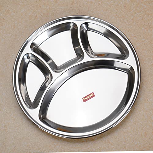 Sumeet Stainless Steel Round 4 in 1 Compartment Lunch / Dinner Plate 1Pc, 32.5cm Dia, Silver