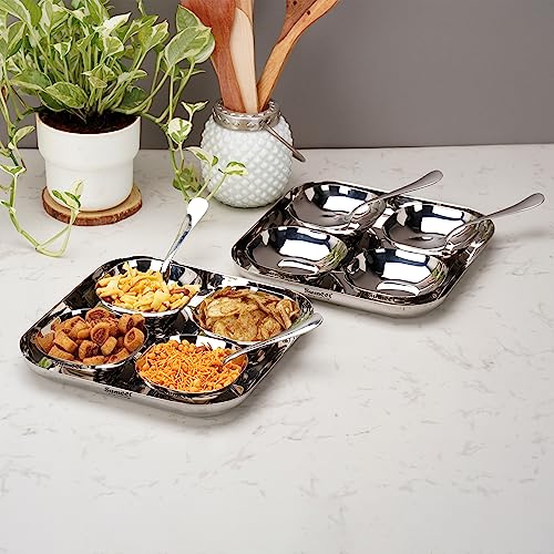 Sumeet Stainless Steel Square Shape Big Size Snack Serve/Namkeen Set of 14PC, Silver