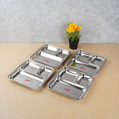 Sumeet Stainless Steel 3 in 1 Idli WADA Compartment Plate / Snack Plate / Breakfast Plate Set of 4Pcs, 21.7cm Dia, Silver