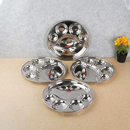 Sumeet Stainless Steel Round 5 in 1 Compartment Lunch / Dinner Plate Set of 4Pcs, 34cm Dia, Silver