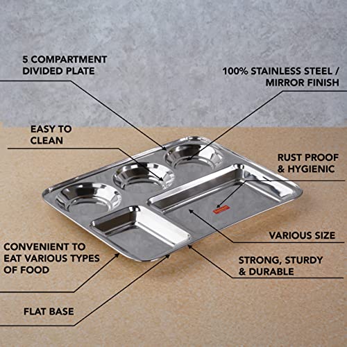 Sumeet Stainless Steel Rectangular 5 in 1 Compartment Lunch / Dinner Plate Set of 2Pcs, 33.5cm Dia, Silver