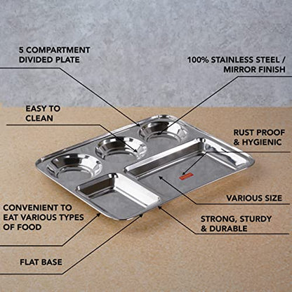 Sumeet Stainless Steel Rectangular 5 in 1 Compartment Lunch / Dinner Plate Set of 2Pcs, 33.5cm Dia, Silver