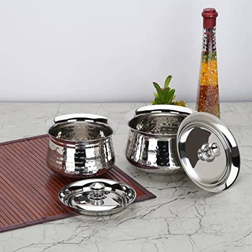 Sumeet Stainless Steel Handcrafted Hammered Texture Handi Set with Lid for Kitchen, Set of 2, 460ml & 650ml, Silver