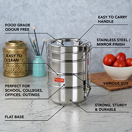 Sumeet Stainless Steel 4 Compartment Lunch Box / Tiffin with Lid and Handle, 13Cm Dia, (2550ML, Silver)