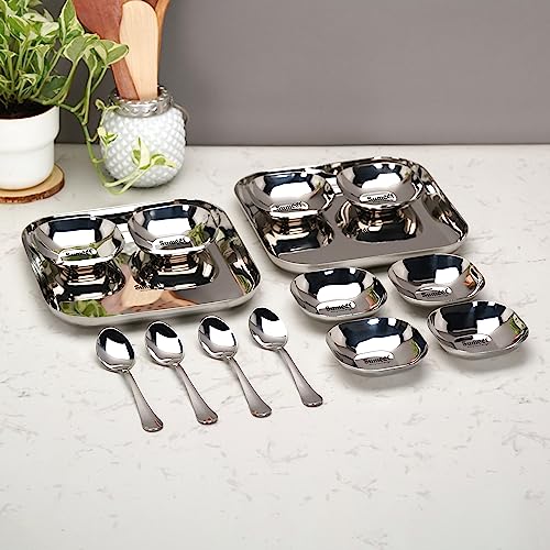 Sumeet Stainless Steel Square Shape Big Size Snack Serve/Namkeen Set of 14PC, Silver