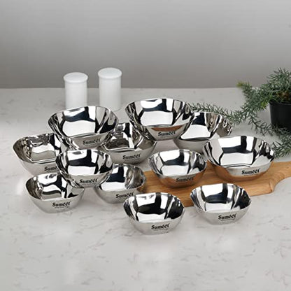 Sumeet Heavy Gauge Stainless Steel Apple Square Bowl/Wati/Katori with Mirror Finish, Combo Set of 12pc, 8cm & 9.5cm Dia, 180ML & 200ML (Each 6Pc) - Silver