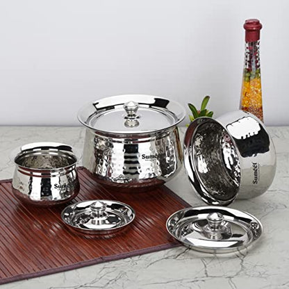 Sumeet Stainless Steel Handcrafted Hammered Texture Handi Set with Lid for Kitchen, Set of 3, 460ml, 950ml & 1700ml, Silver