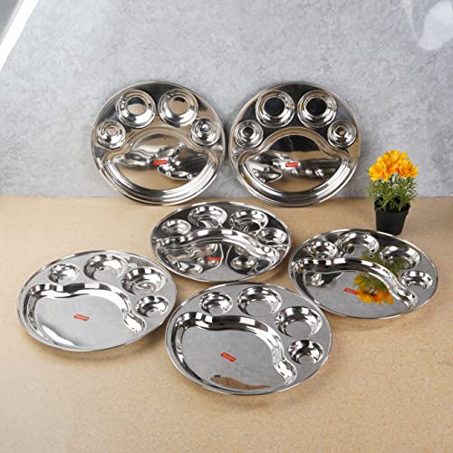 Sumeet Stainless Steel Round 5 in 1 Compartment Lunch / Dinner Plate Set of 6Pcs, 31cm Dia, Silver