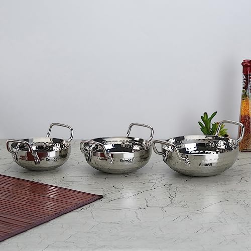 Sumeet Stainless Steel Handcrafted Hammered Mathar Kadai for Kitchen, 650ML, 1000ML & 1350ML, 14cm, 16cm & 18cm Dia, Pack of 3, Silver