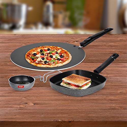 Sumeet NonStick Siva Cookware Set (Flat Tawa - 30.5cm Dia + Grill Pan-22cm Dia + Waghariya/Tadka pan - 190Ml - 10Cm Dia)