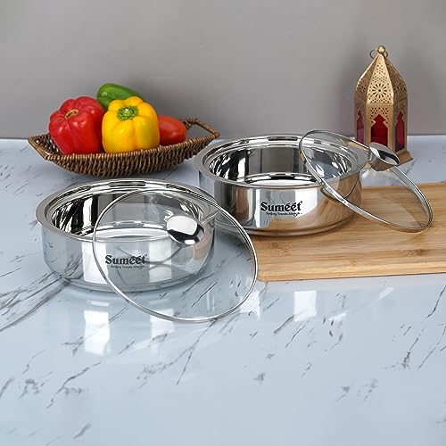 Sumeet Smart Serve Stainless Steel Double Wall Insulated Hot Roti/Chapati Pot/Server/Casserole with Glass Lid, 1.600L, Set of 2pc, Silver