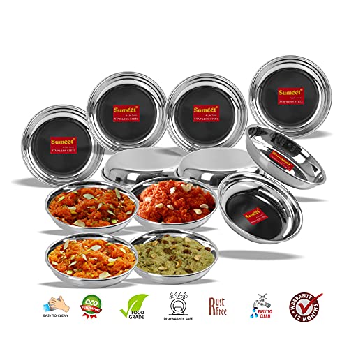 Sumeet Stainless Steel Heavy Gauge Small Halwa Plates with Mirror Finish 14.5cm Dia - Set of 12pc