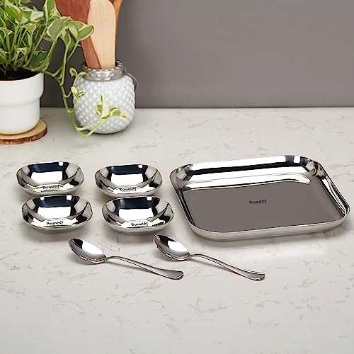 Sumeet Stainless Steel Square Shape Big Size Snack Serve/Namkeen Set of 7PC, Silver