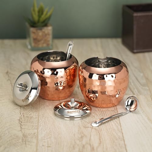 Sumeet Stainless Steel Copper Coated Handcrafted Hammered Ghee and Oil Pot, Storage Container with Spoon for Kitchen and Pooja, 9cm Dia, 320ML - Silver (Pack of 2)