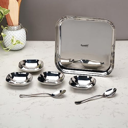 Sumeet Stainless Steel Square Shape Medium Size Snack Serve/Namkeen Set of 7PC, Silver