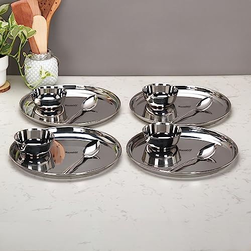 Sumeet Stainless Steel Heavy Gauge Mirror Finish Dinner Set of 12 Pcs (4 Plate, 4 Bowl/Wati, 4 Spoon), Silver