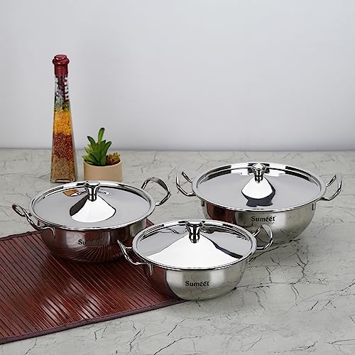 Sumeet Big Size Stainless Steel Cook and Serve Induction Handi Set with Lid and Handle, Set of 3Pc, 1200ML,1650ML & 2050ML, Silver