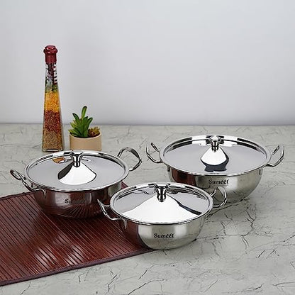 Sumeet Big Size Stainless Steel Cook and Serve Induction Handi Set with Lid and Handle, Set of 3Pc, 1200ML,1650ML & 2050ML, Silver