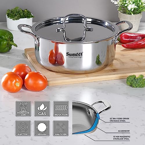 Sumeet Cook Smart TriPly SAS (Steel-Aluminium-Steel - 3 Layers) Casserole/Biryani Pot/Stock Pot with S.S. Lid- 3.75Ltr - 22 Cm, Silver