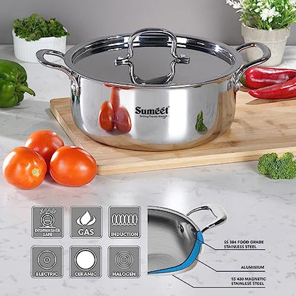 Sumeet Cook Smart TriPly SAS (Steel-Aluminium-Steel - 3 Layers) Casserole/Biryani Pot/Stock Pot with S.S. Lid- 3.75Ltr - 22 Cm, Silver