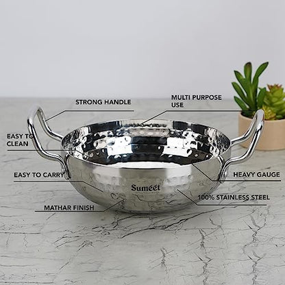 Sumeet Stainless Steel Handcrafted Hammered Mathar Kadai for Kitchen, Medium Size, 1350ML & 1700ML, 18cm & 20cm Dia, Pack of 2, Silver