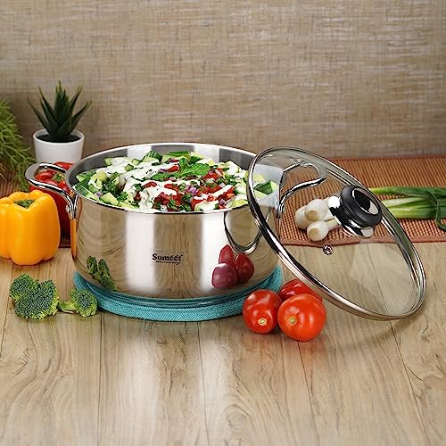 Sumeet Stainless Steel Induction Bottom (Encapsulated Bottom) Casserole with Glass Lid 3.2 LTR, 20 cm Dia, Silver