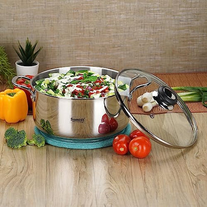 Sumeet Stainless Steel Induction Bottom (Encapsulated Bottom) Casserole with Glass Lid 3.2 LTR, 20 cm Dia, Silver