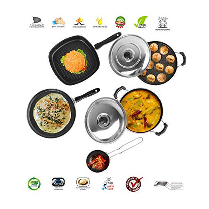 Sumeet 2.6mm Thick Non-Stick Jolet Cookware Set (Dosa Tawa – 26.5cm Dia + Kadhai with Lid – 1.5Ltr Capacity + Grill Appam Patra with Lid – 23cm Dia + Grill Pan – 1.1Ltr + Tadka Pan – 10cm Dia)