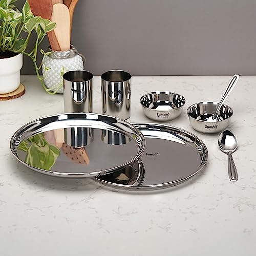 Sumeet Stainless Steel Heavy Gauge Mirror Finish Dinner Set of 8 Pcs (2 Plate, 2 Bowl/Wati, 2 Glass, 2 Spoon), Silver