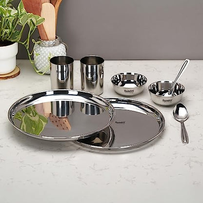 Sumeet Stainless Steel Heavy Gauge Mirror Finish Dinner Set of 8 Pcs (2 Plate, 2 Bowl/Wati, 2 Glass, 2 Spoon), Silver