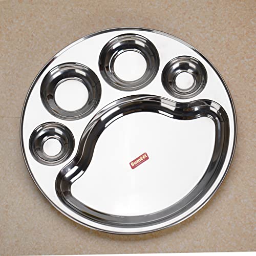 Sumeet Stainless Steel Round 5 in 1 Compartment Lunch / Dinner Plate 1Pc, 31cm Dia, Silver