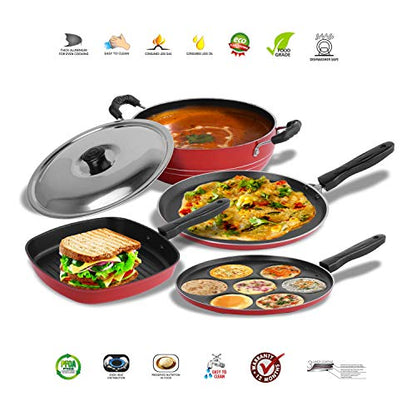 Sumeet 2.6mm Thick Non-Stick Sienna Cookware Set (Dosa Tawa – 26.5cm Dia + Multi Snack Maker – 26.5cm Dia + Kadhai with Lid – 1.5Ltr Capacity- 20cm Dia + Grill Pan – 1.1Ltr Capacity – 22cm Dia)