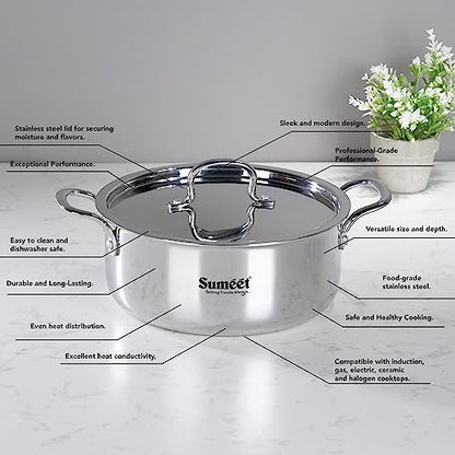 Sumeet Cook Smart TriPly SAS (Steel-Aluminium-Steel - 3 Layers) Casserole/Biryani Pot/Stock Pot with S.S. Lid- 3.75Ltr - 22 Cm, Silver