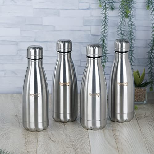 Sumeet Stainless Steel Double Walled Flask / Water Bottle, 24 Hours Hot and Cold, 400 ml, Silver - Set of 4 Pcs