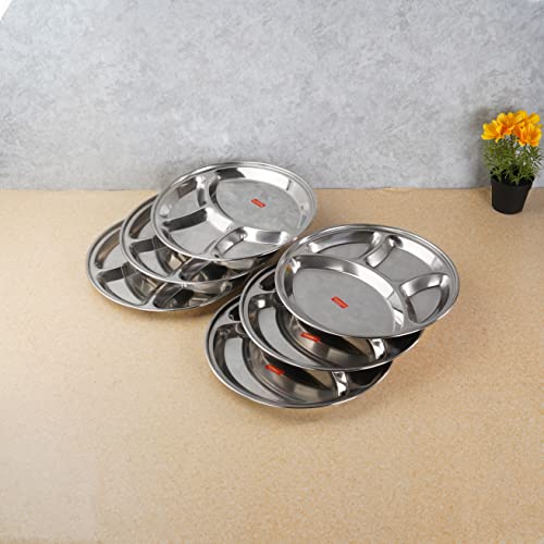 Sumeet Stainless Steel Round 4 in 1 Compartment Lunch / Dinner Plate Set of 6Pcs, 32.5cm Dia, Silver