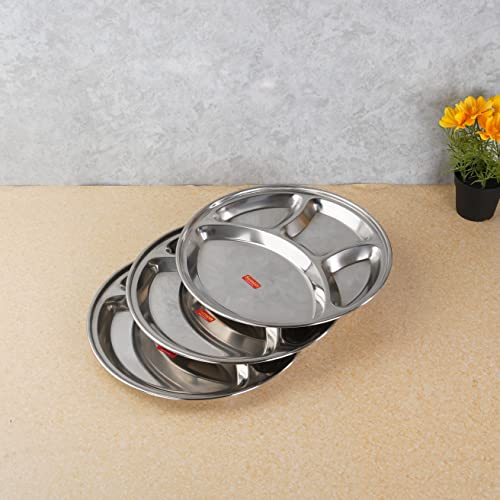 Sumeet Stainless Steel Round 4 in 1 Compartment Lunch / Dinner Plate Set of 3Pcs, 32.5cm Dia, Silver