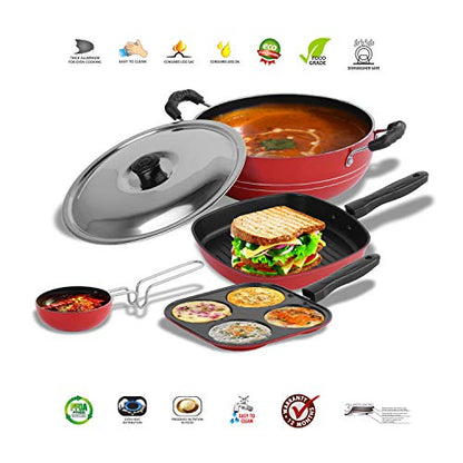 Sumeet Ruz 2.6 mm Thick Non-Stick Cookware Set (Mini Multi Snack Maker 19.5 cm Dia, Kadhai with Lid 1.5 Ltr Capacity and 20 cm Dia, Grill Pan 1.1 Ltr Capacity and 22 cm Dia, Grill Pan 1.1 Ltr)