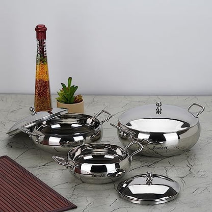 Sumeet Apple Shape Stainless Steel Cook and Serve Induction Handi Set with Lid and Handle, Set of 3Pc, 650ML,1150ML & 1700ML, Silver