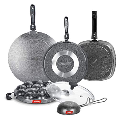 Sumeet NonStick Czarny Cookware Set (Dosa Tawa-26.5Cm Dia+Grill Appam Patra with Glass Lid-12 Cavity-22cm Dia+Grill Pan-22cm Dia+Waghariya/Tadka pan-190Ml-10Cm Dia+Conceve/Roti Tawa-28Cm Dia)