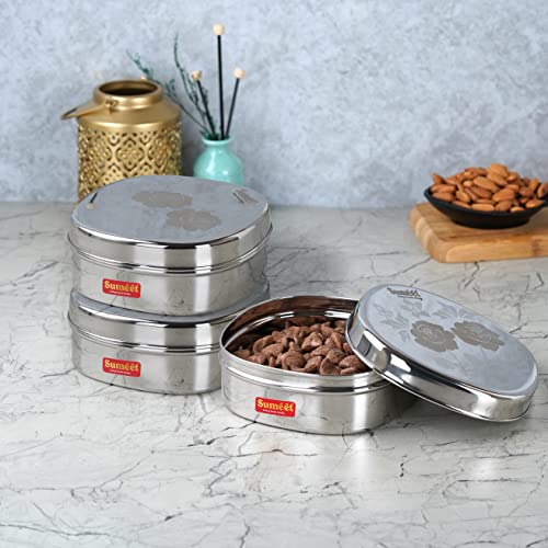 Sumeet Stainless Steel Designer Square Storage containers Box/Dabba for Kitchen, Set of 3Pcs, 600ml, 13.5cm Dia, Silver