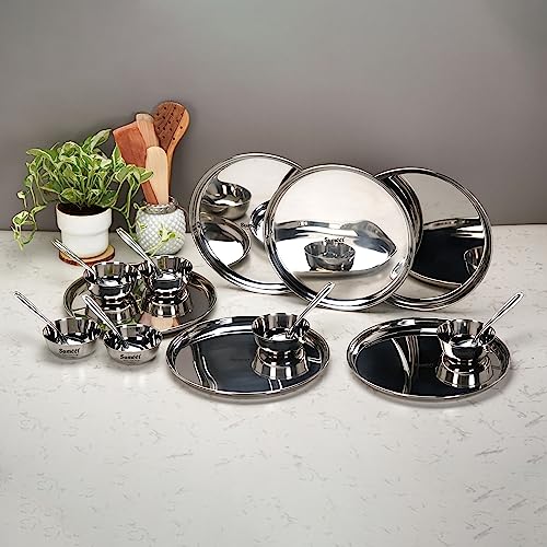 Sumeet Stainless Steel Heavy Gauge Mirror Finish Dinner Set of 18 Pcs (6 Plate, 6 Bowl/Wati, 6 Spoon), Silver