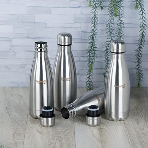 Sumeet Stainless Steel Double Walled Flask / Water Bottle, 24 Hours Hot and Cold, 400 ml, Silver - Set of 4 Pcs