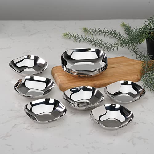 Sumeet Stainless Steel Small Apple Square Shape Plate/Dessert Plate/Halwa Plate Combo Set of 12pcs, 8cm & 9cm Dia, 90ML & 120ML (Each 6pcs) - Silver